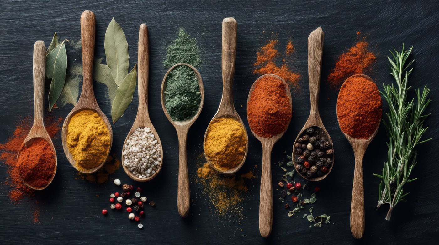 Wooden spoons of paprika, turmeric, pepper and dried herbs