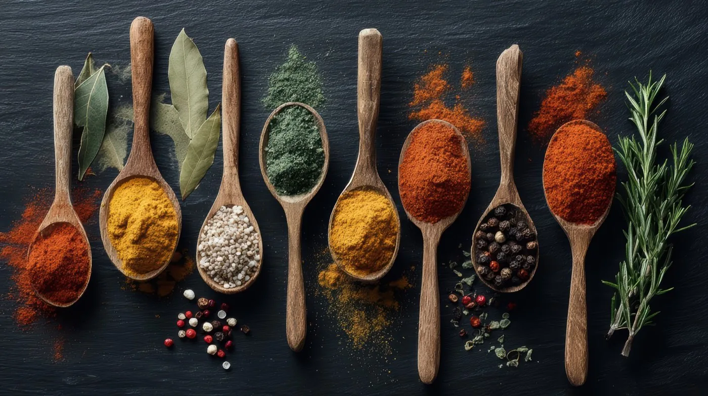 Wooden spoons of paprika, turmeric, pepper and dried herbs