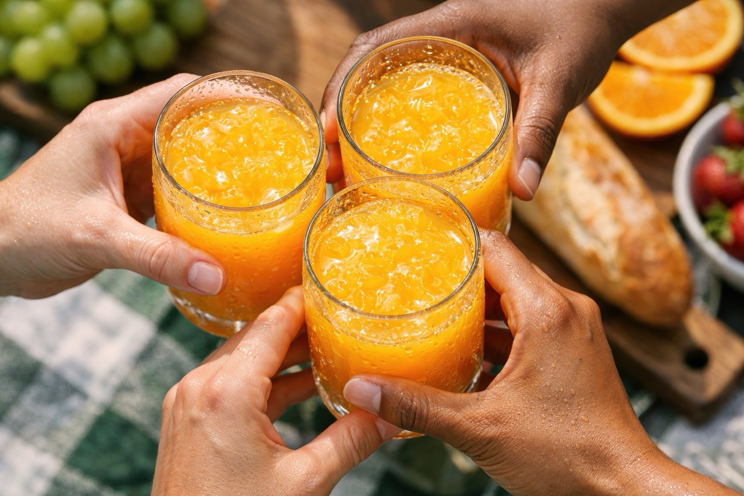 Three hands toasting with glasses of fresh orange juice over a laid table